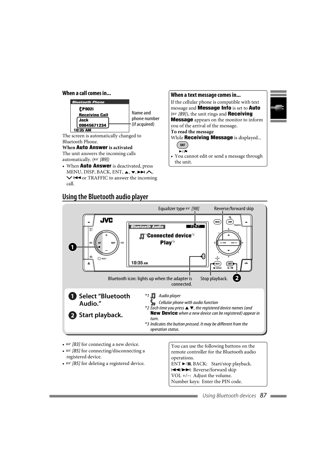 JVC LVT1774-001A manual Using the Bluetooth audio player, When a call comes, When a text message comes, To read the message 