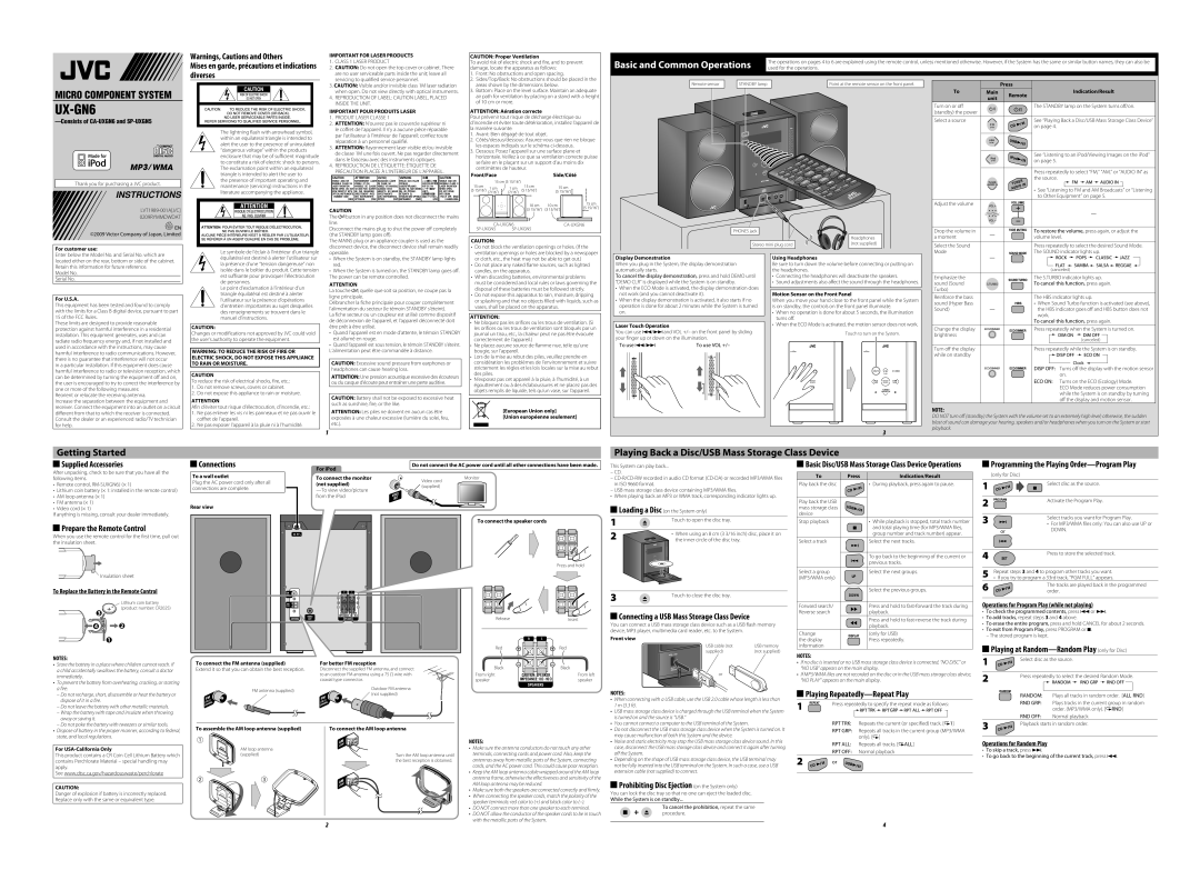 JVC 0209RYMMDWDAT dimensions Mises en garde, précautions et indications diverses, Supplied Accessories, Connections 