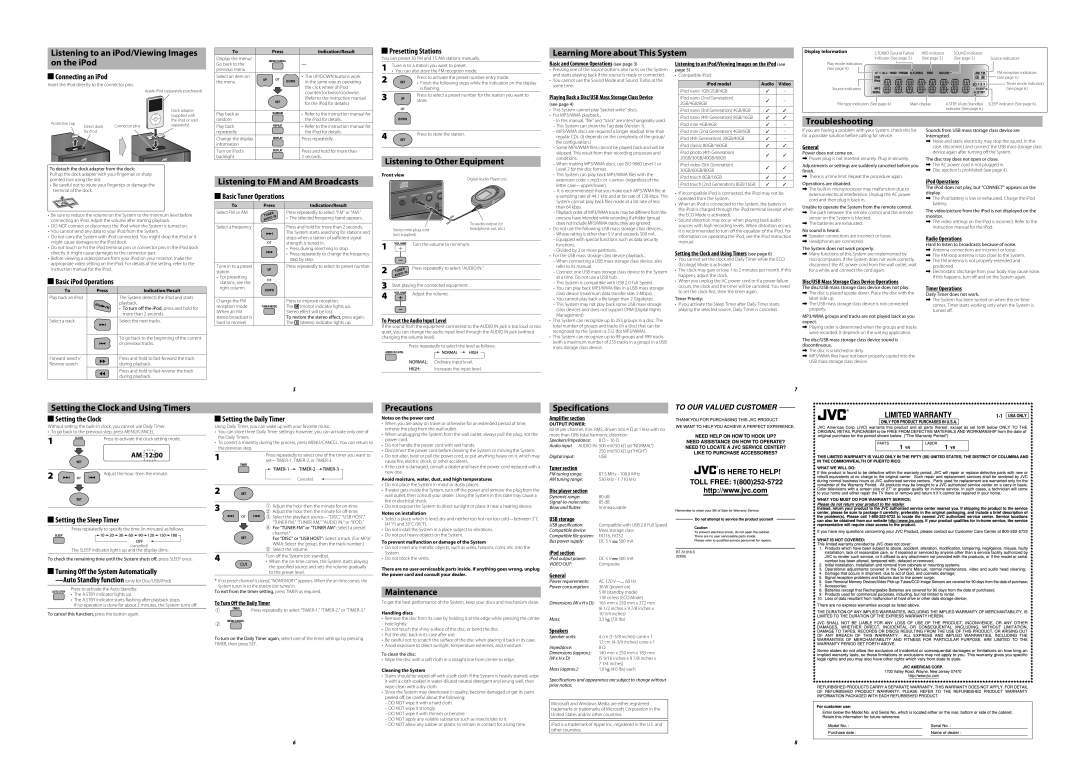 JVC LVT1989-001A Connecting an iPod, Presetting Stations, Basic iPod Operations, Basic Tuner Operations, Setting the Clock 