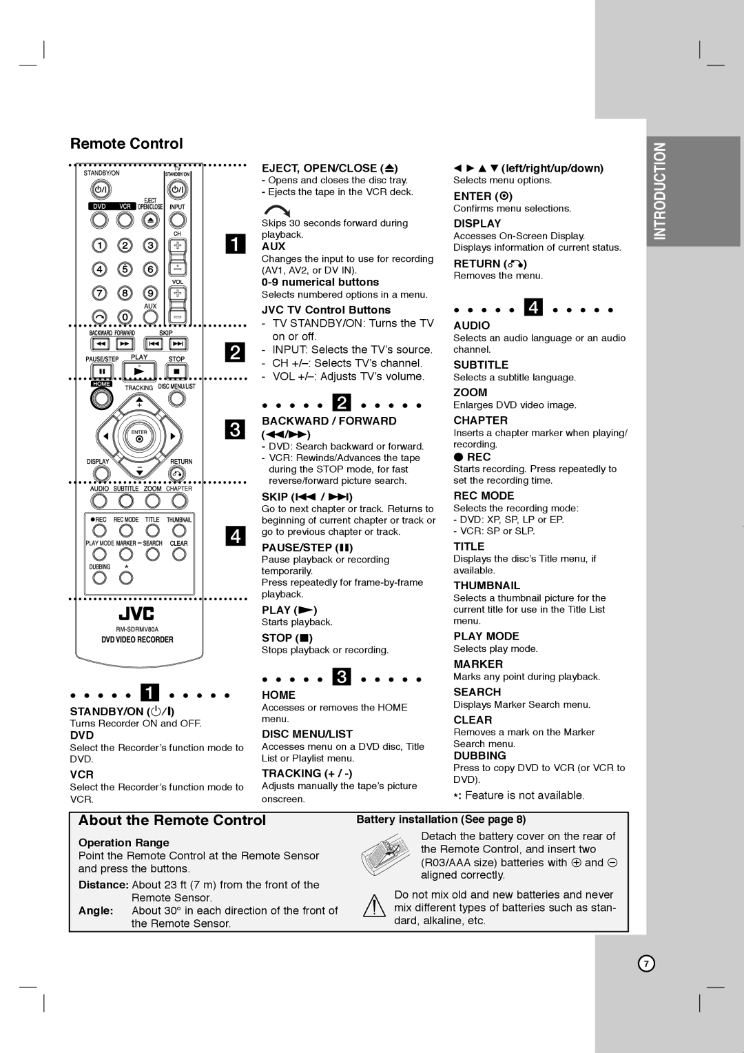 JVC LVT2013-001A manual About the Remote Control, Feature is not available 