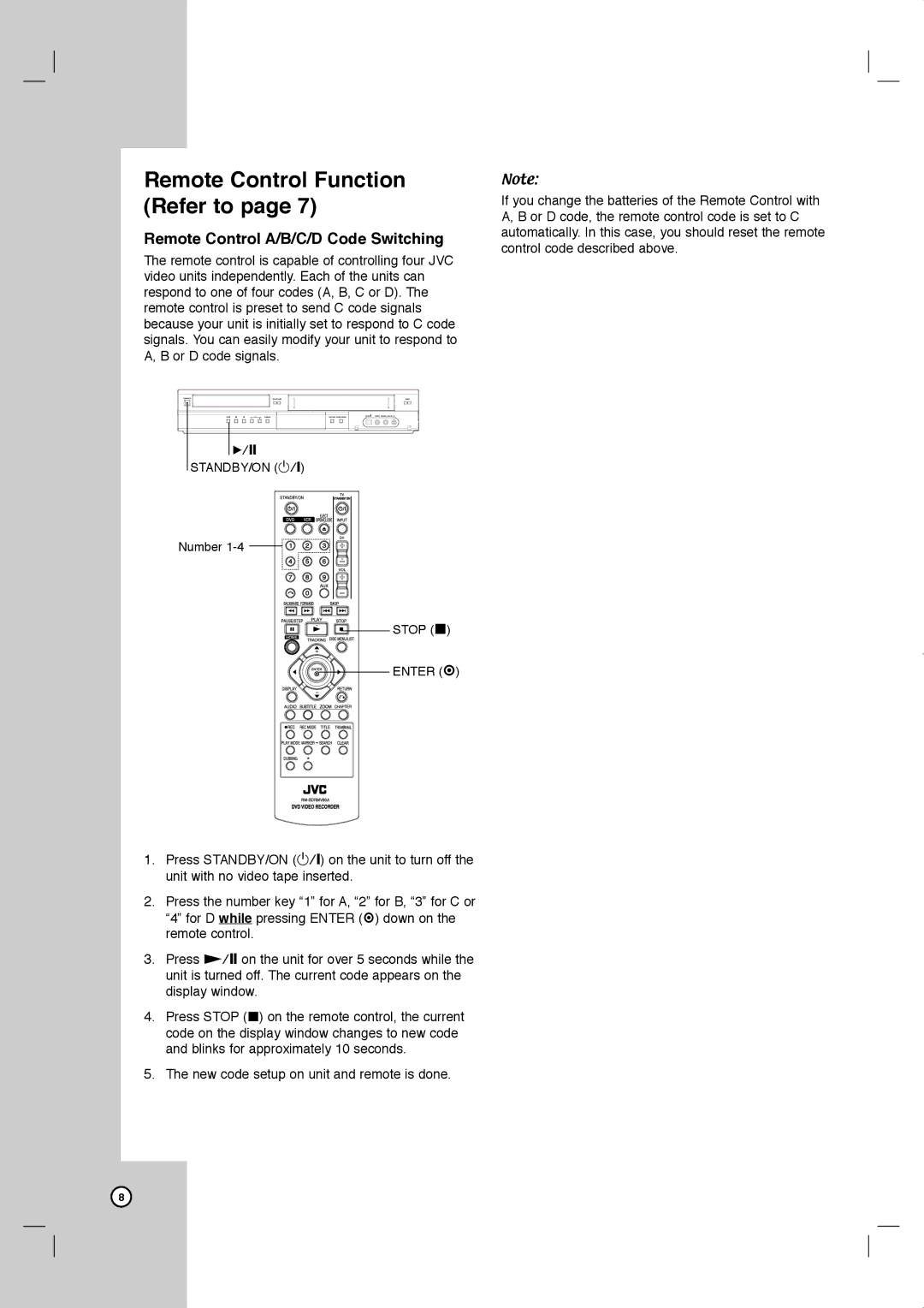 JVC LVT2013-001A manual Remote Control Function Refer to, Remote Control A/B/C/D Code Switching 