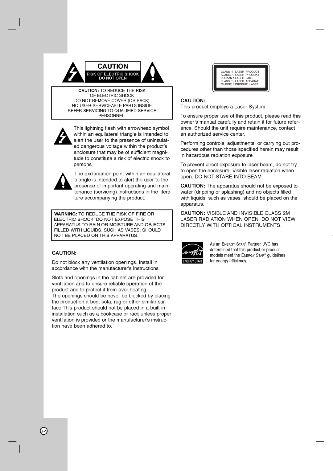 JVC LVT2013-001A manual Risk of Electric Shock Do not Open 