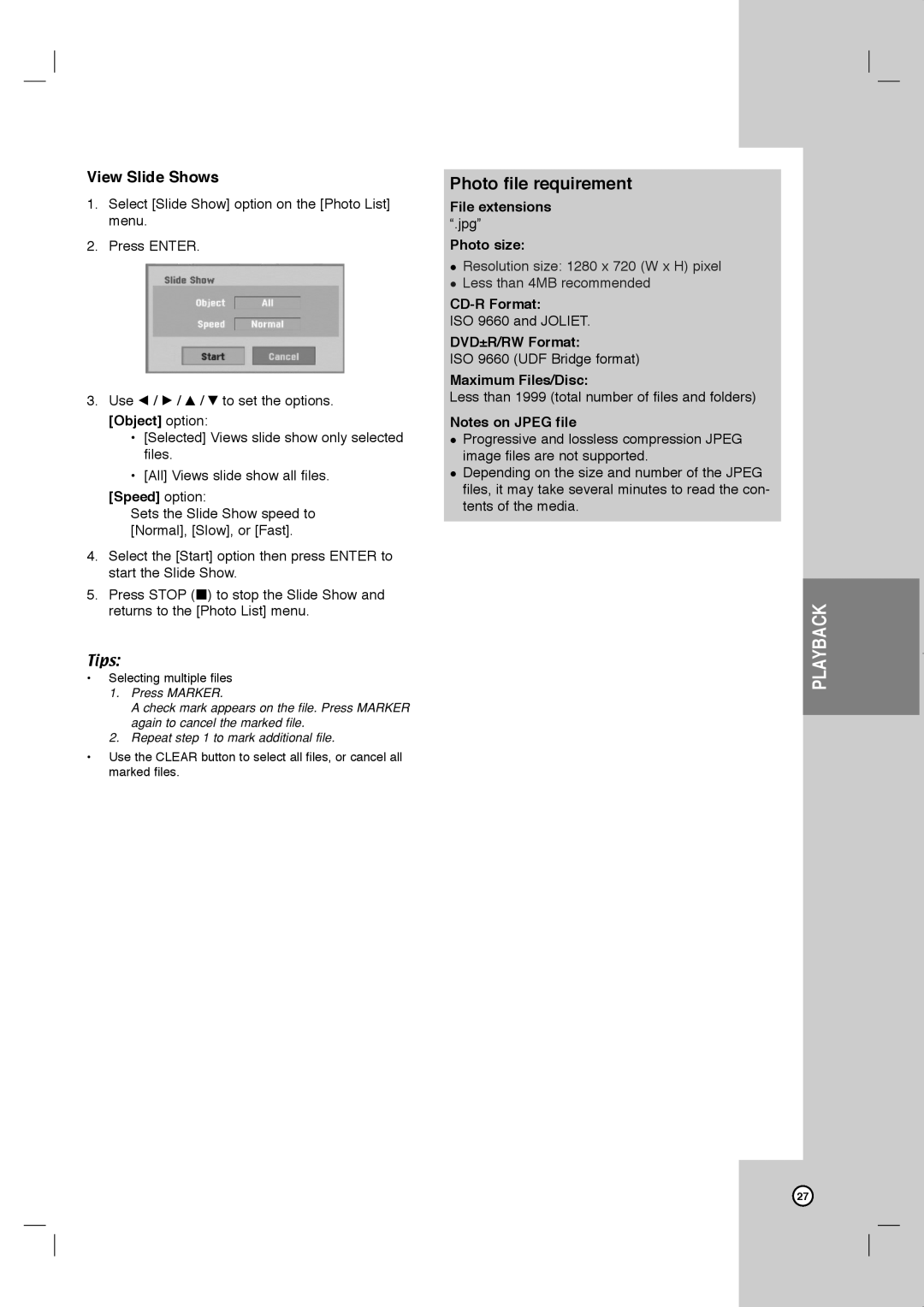 JVC LVT2013-001A manual Photo file requirement, View Slide Shows, Speed option, Jpg, Photo size 