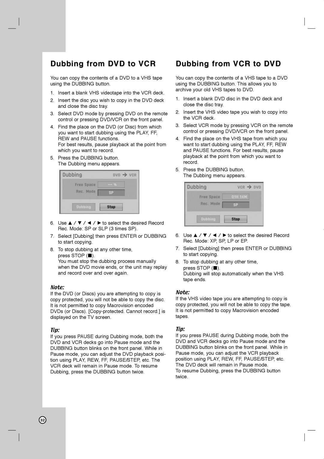 JVC LVT2013-001A manual Dubbing from DVD to VCR, Dubbing from VCR to DVD 