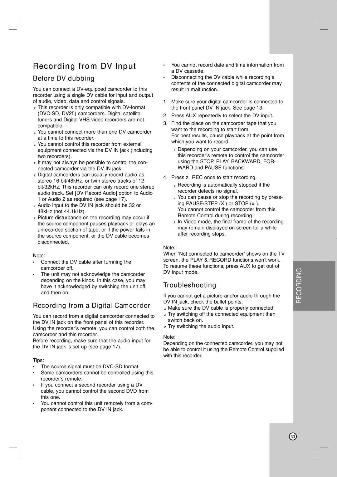 JVC LVT2013-001A manual Recording from DV Input, Before DV dubbing, Recording from a Digital Camcorder, Troubleshooting 