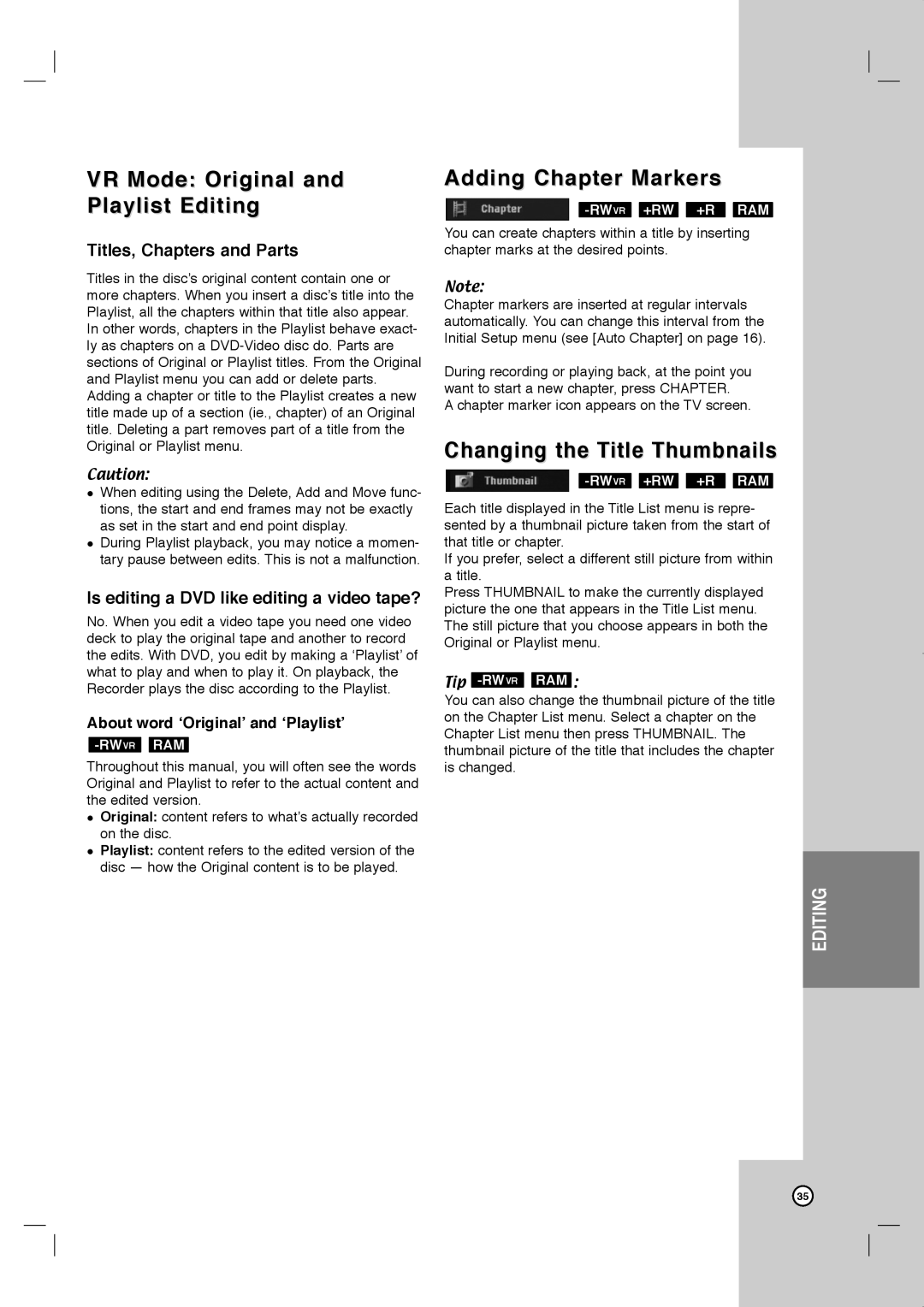 JVC LVT2013-001A manual VR Mode Original and Playlist Editing, Adding Chapter Markers, Changing the Title Thumbnails 