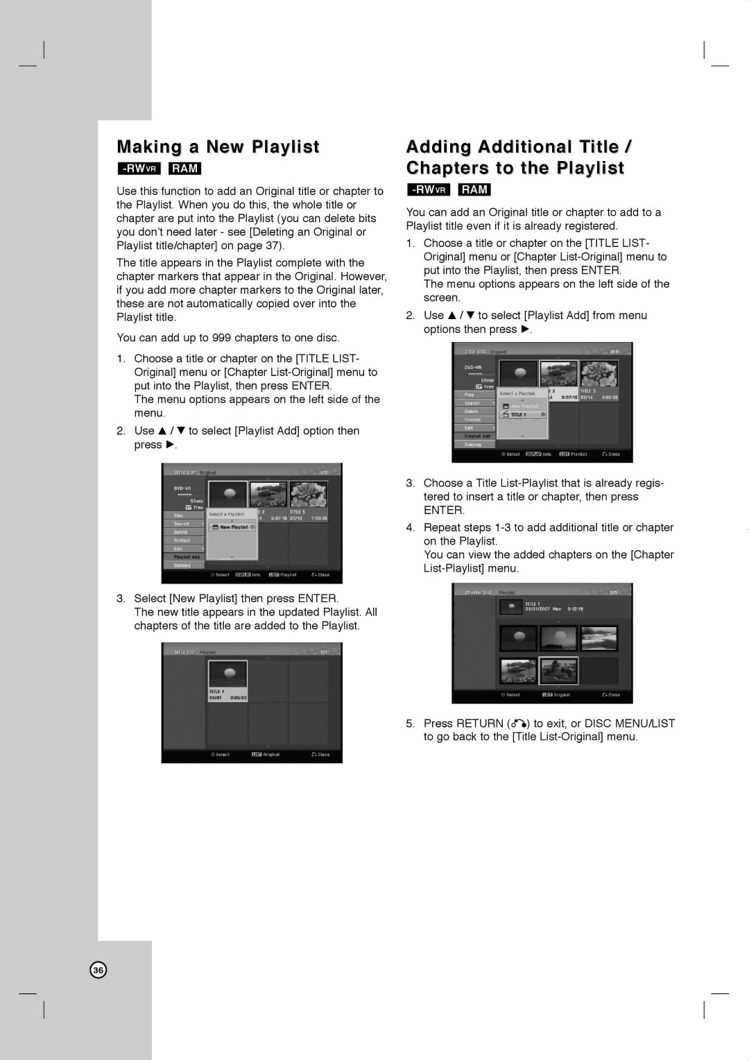 JVC LVT2013-001A manual Making a New Playlist, Adding Additional Title / Chapters to the Playlist 