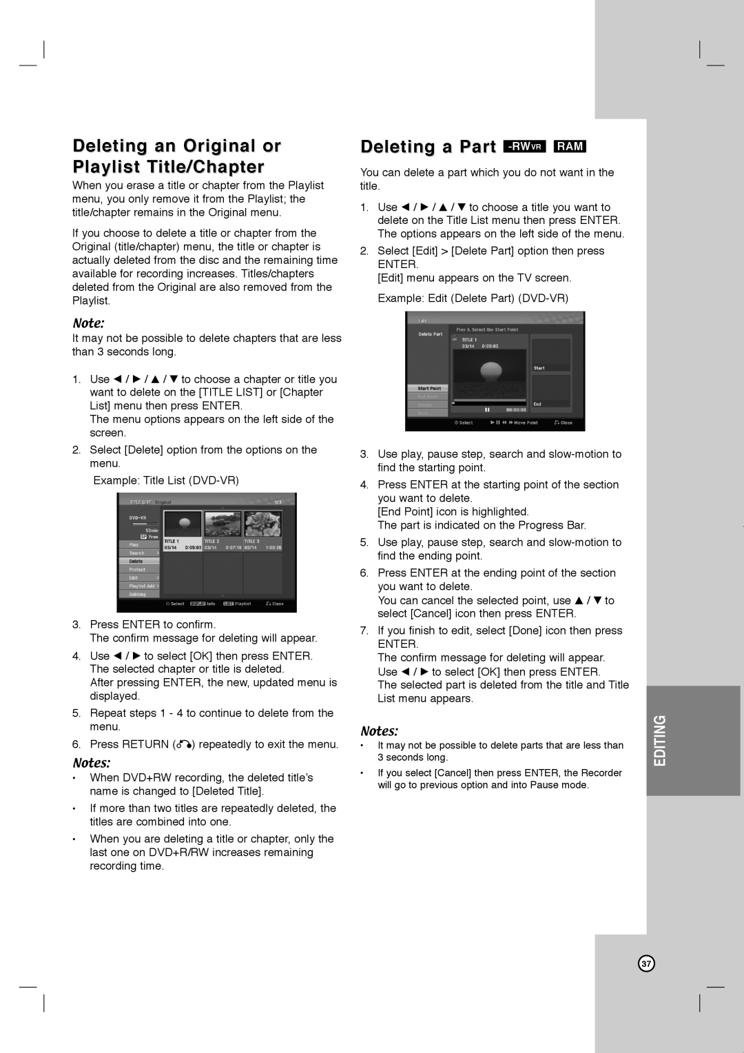 JVC LVT2013-001A manual Deleting an Original or Playlist Title/Chapter, Deleting a Part -RWVRRAM 