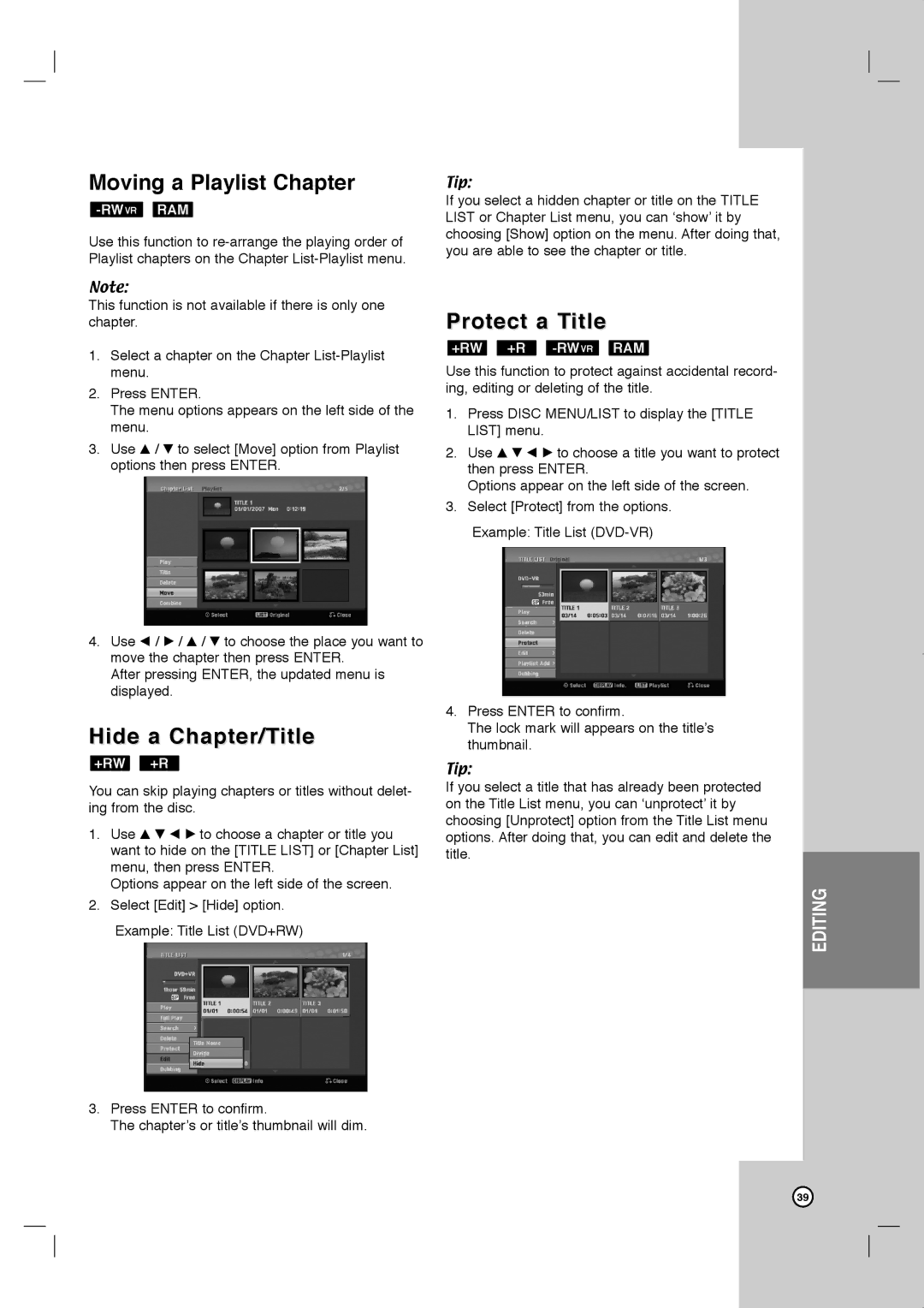 JVC LVT2013-001A manual Moving a Playlist Chapter, Hide a Chapter/Title, Protect a Title 