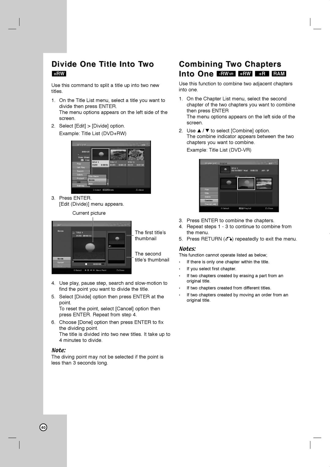 JVC LVT2013-001A manual Divide One Title Into Two, Combining Two Chapters 