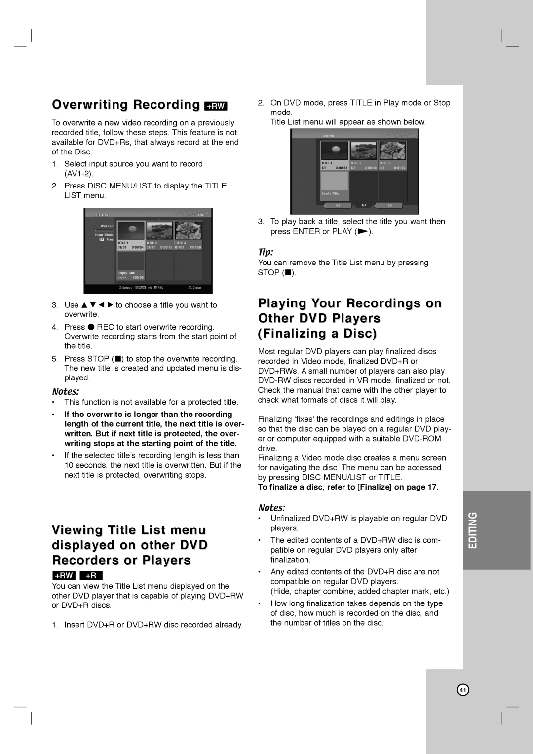 JVC LVT2013-001A manual Overwriting Recording +RW, You can remove the Title List menu by pressing Stop 