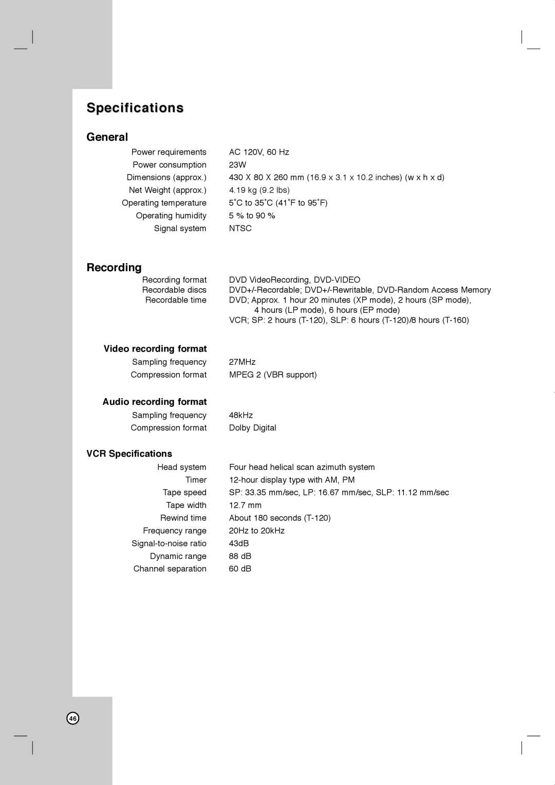 JVC LVT2013-001A manual Specifications, General, Recording 