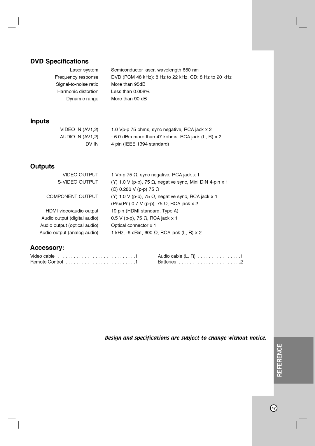 JVC LVT2013-001A manual DVD Specifications, Inputs, Outputs, Accessory 