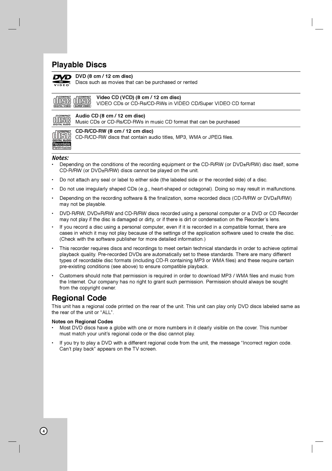 JVC LVT2013-001A manual Playable Discs, Regional Code 