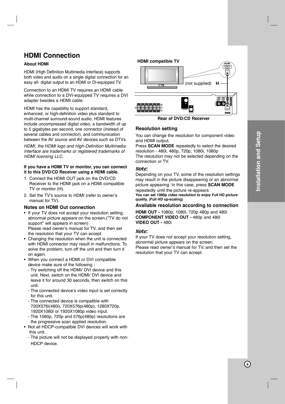 JVC SP-THG61C, LVT2051-002A, XV-THG31 Hdmi Connection, Resolution setting, Available resolution according to connection 