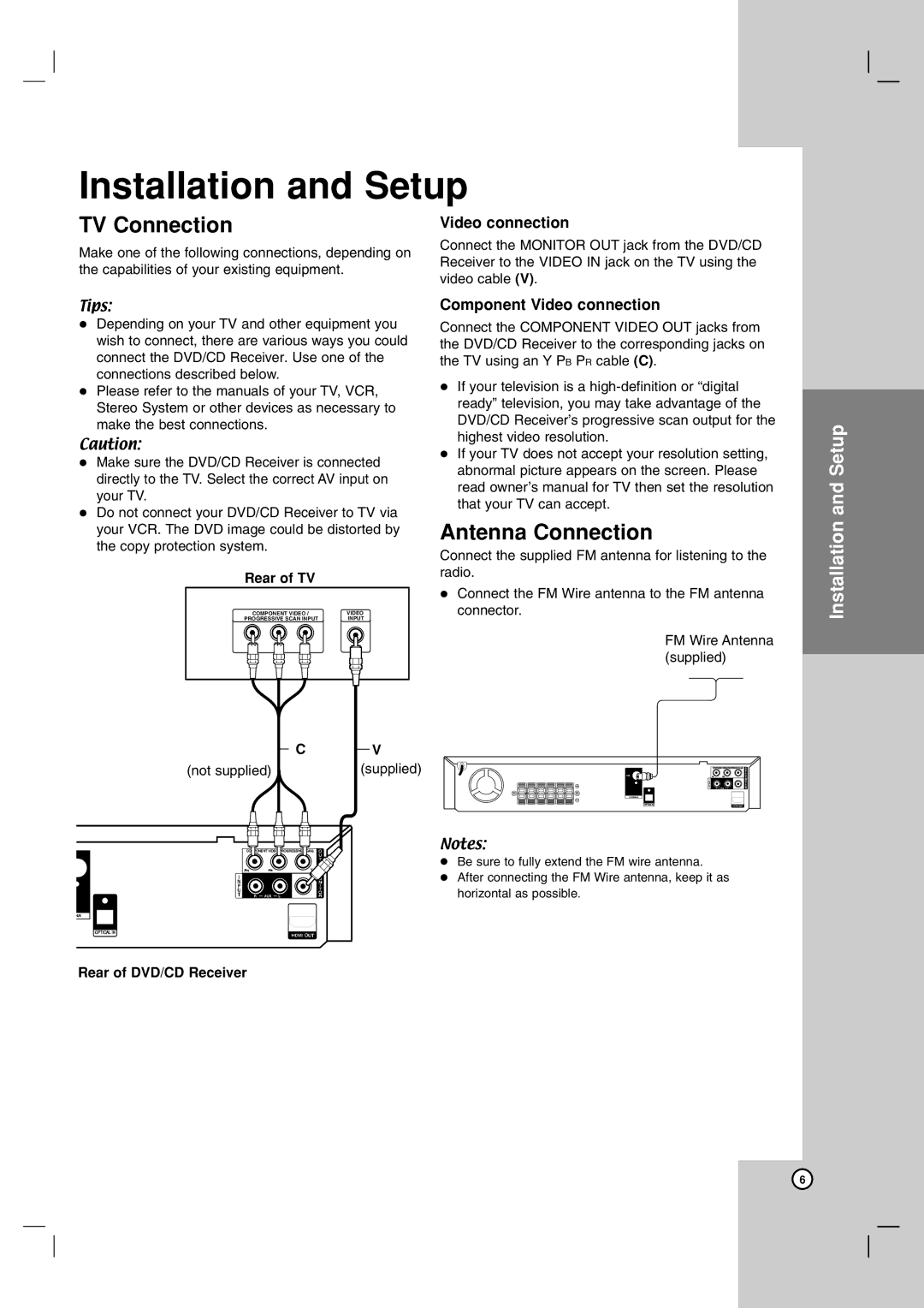 JVC XV-THG31, LVT2051-002A, SP-THG51F, SP-THG61C manual TV Connection, Antenna Connection, Component Video connection 