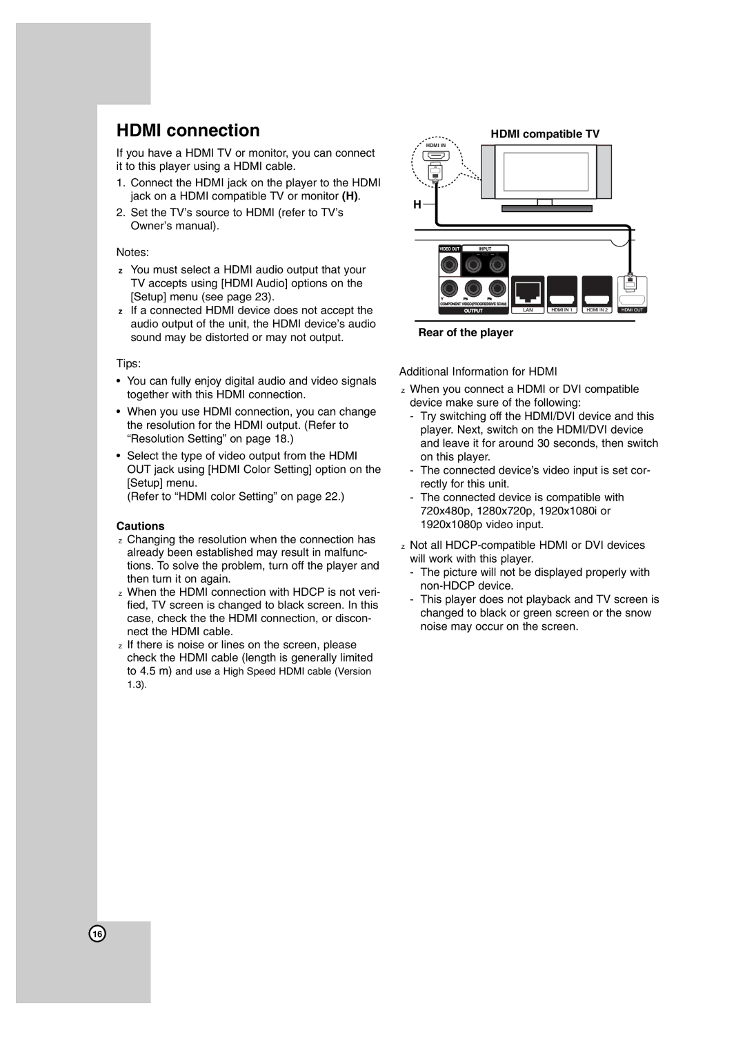 JVC SP-THBD50C, LVT2099-029A manual Hdmi connection, Hdmi compatible TV, Rear of the player Additional Information for Hdmi 