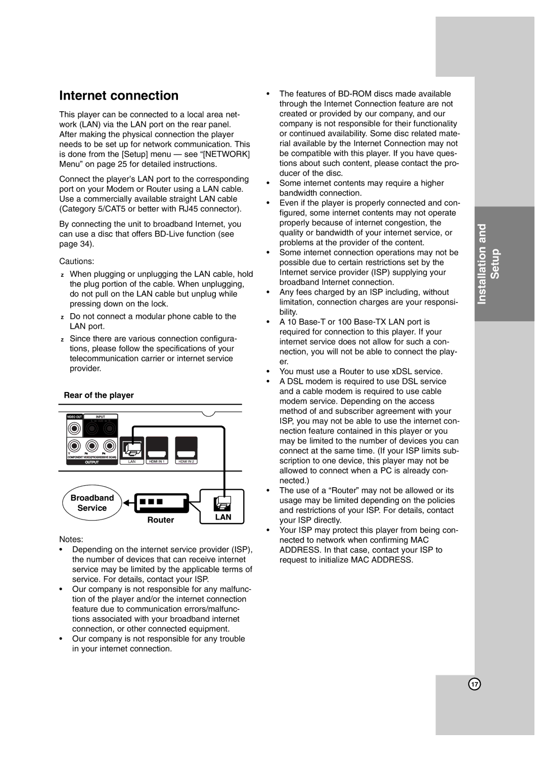 JVC XV-THBD50, LVT2099-029A, SP-THBD50W, SP-THBD50F, TH-BD50 Internet connection, Rear of the player Broadband Service Router 