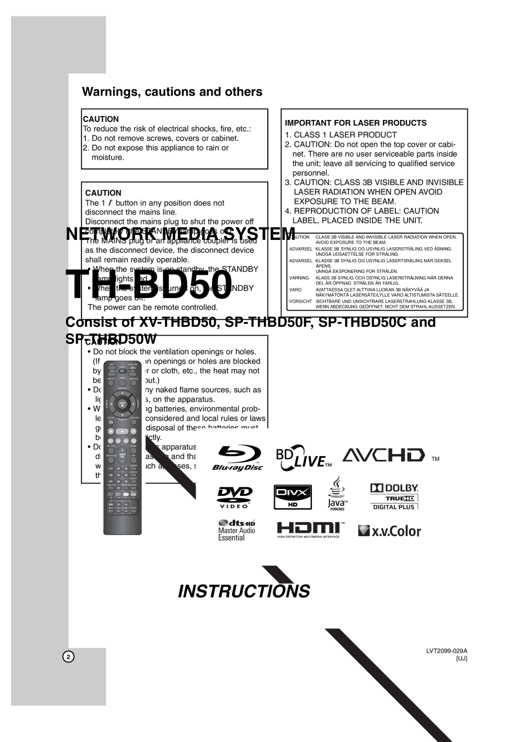 JVC SP-THBD50F, LVT2099-029A, SP-THBD50W, TH-BD50, SP-THBD50C, XV-THBD50 manual Important for Laser Products 