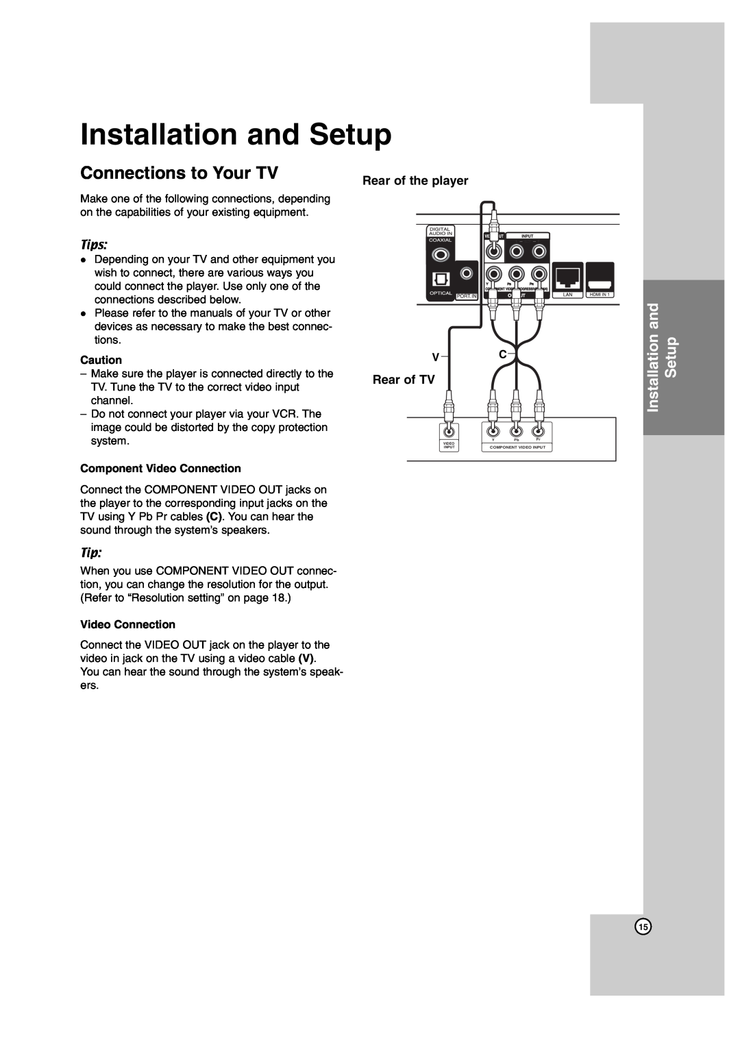 JVC TH-BD50 manual Installation and Setup, Connections to Your TV, Rear of the player, Rear of TV, Tips, Video Connection 