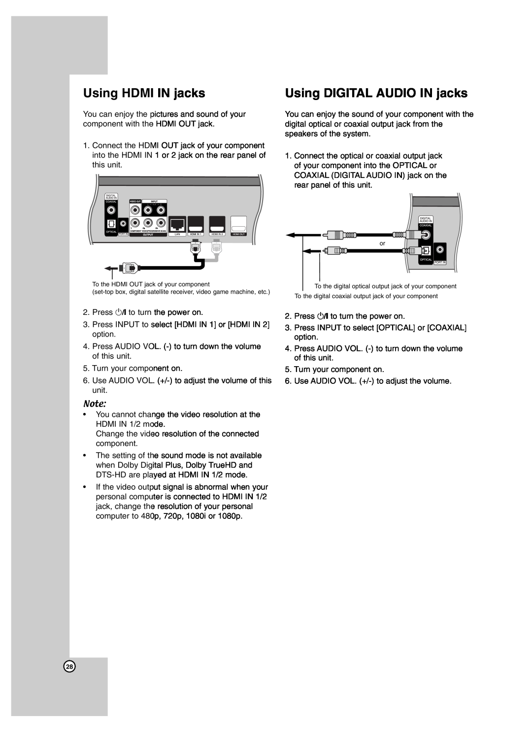 JVC SP-THBD50C, LVT2099-029A, SP-THBD50W, SP-THBD50F, TH-BD50, XV-THBD50 Using HDMI IN jacks, Using DIGITAL AUDIO IN jacks 