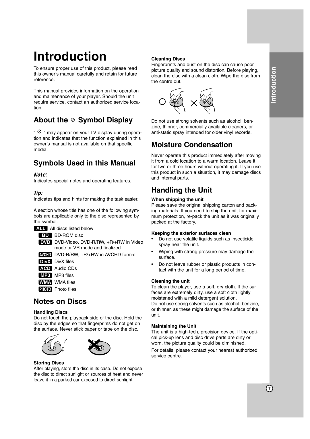 JVC SP-THBD50W Introduction, About the Symbol Display, Symbols Used in this Manual, Notes on Discs, Moisture Condensation 
