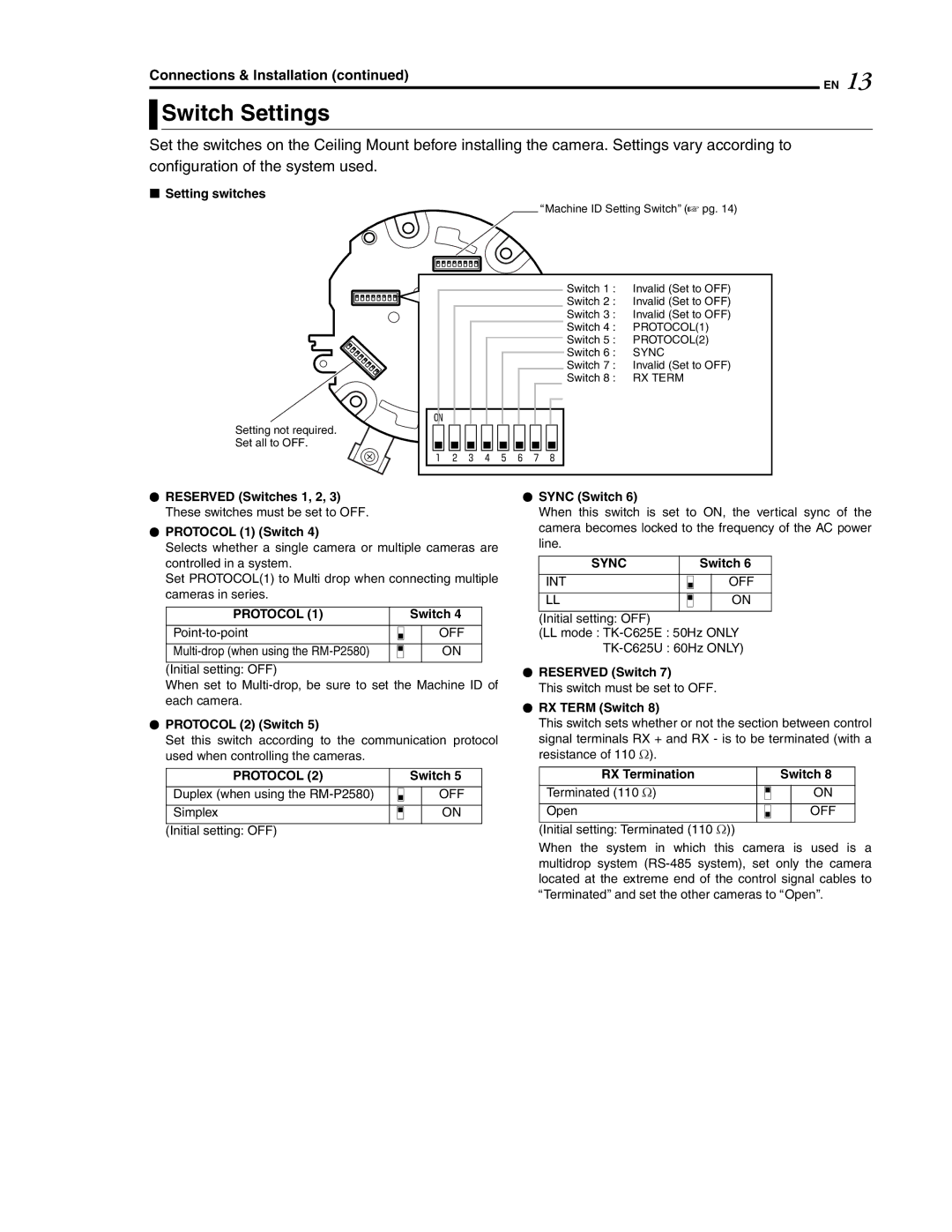 JVC LWT0254-001B-H manual Switch Settings, Protocol, Sync 