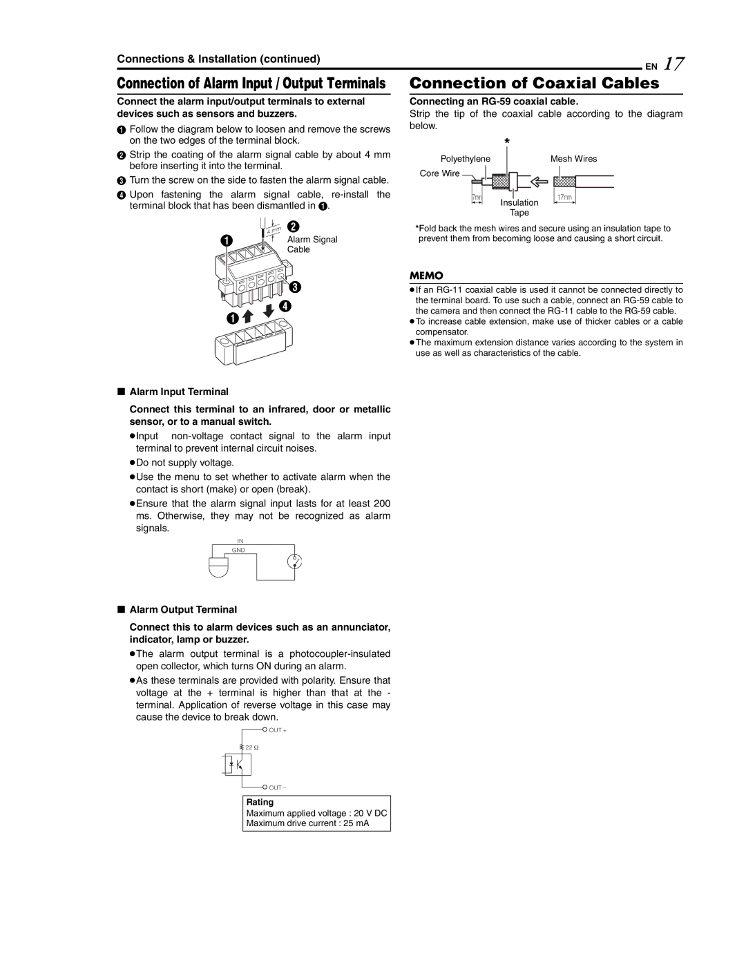 JVC LWT0254-001B-H manual Connecting an RG-59 coaxial cable, Polyethylene Mesh Wires Core Wire, Cable, Rating 