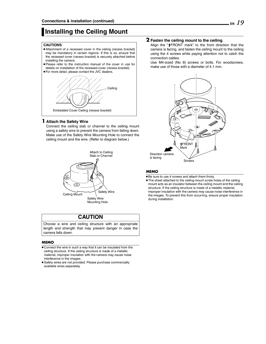 JVC LWT0254-001B-H manual Installing the Ceiling Mount, Attach the Safety Wire, Fasten the ceiling mount to the ceiling 