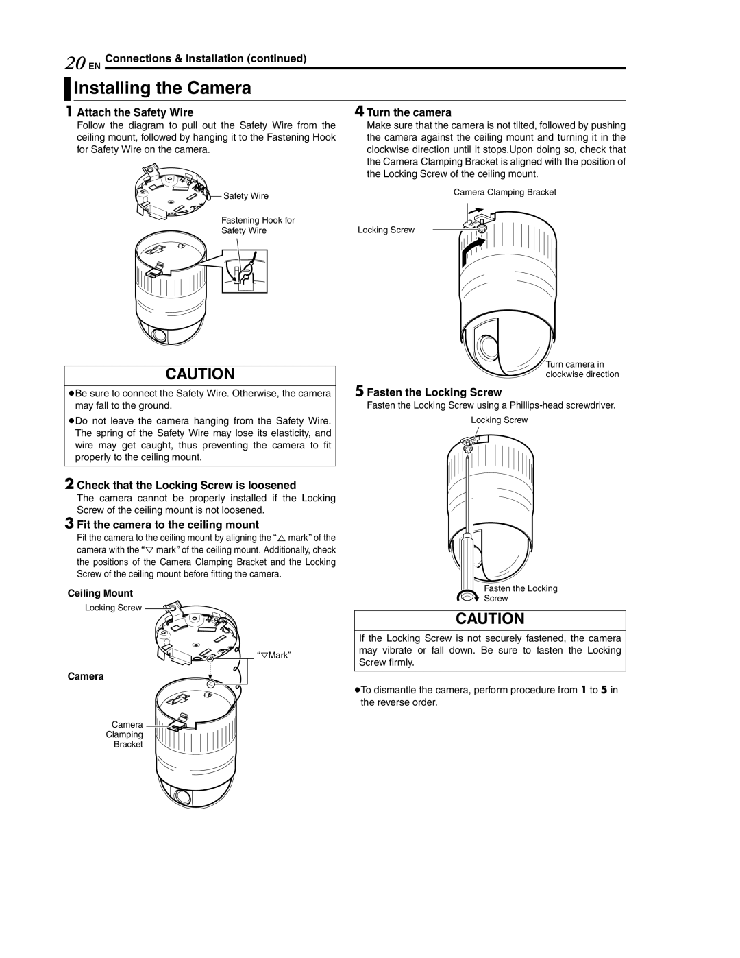 JVC LWT0254-001B-H manual 20 EN, Installing the Camera 