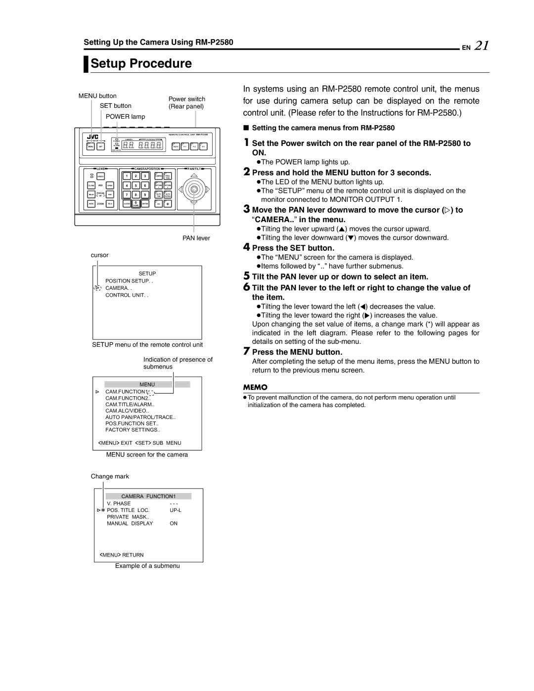 JVC LWT0254-001B-H Setup Procedure, Setting Up the Camera Using RM-P258021, Press and hold the Menu button for 3 seconds 