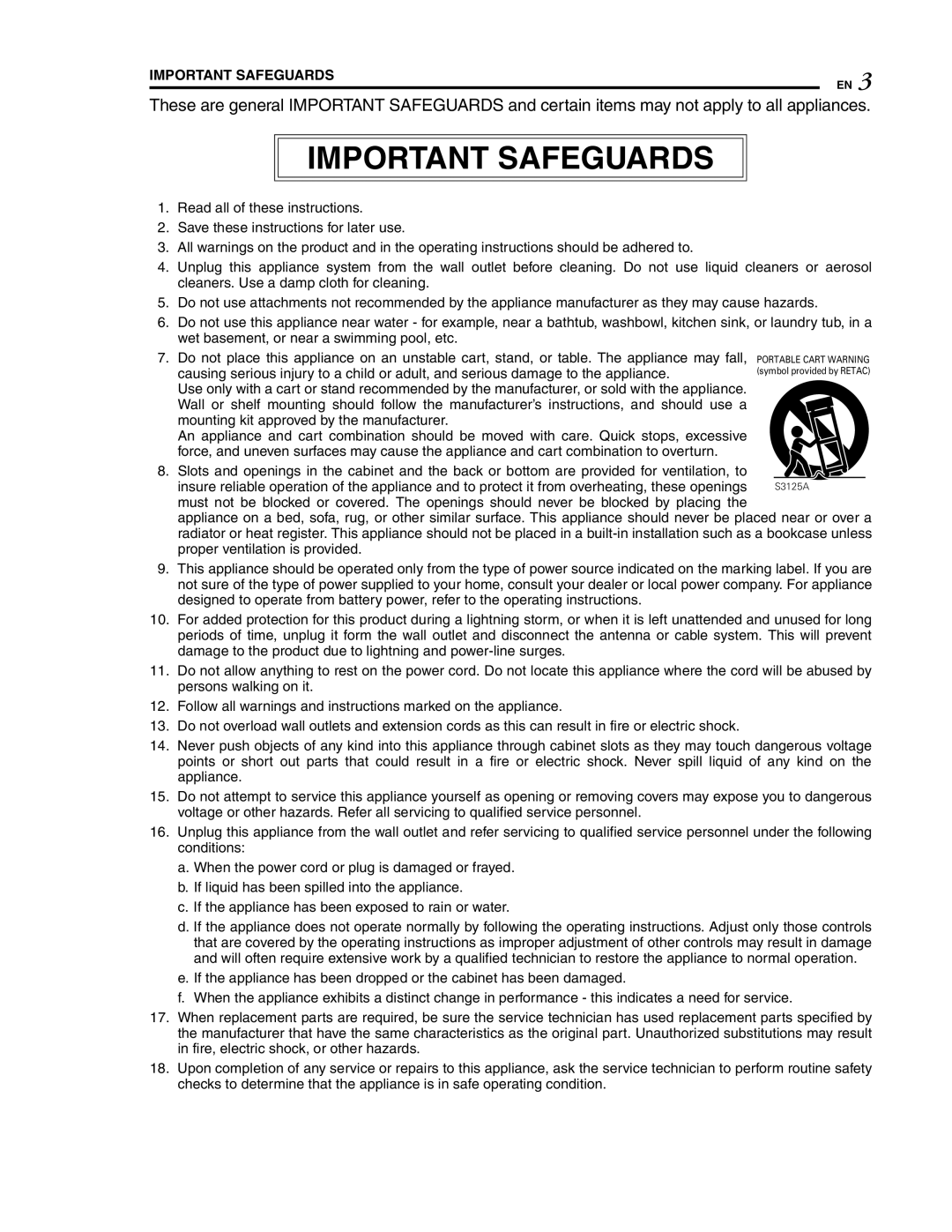 JVC LWT0254-001B-H manual Important Safeguards 