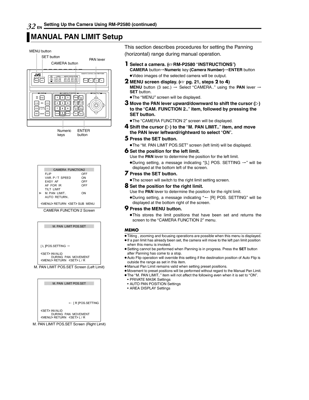 JVC LWT0254-001B-H Manual PAN Limit Setup, Select a camera. ARM-P2580 Ainstructionsb, Set the position for the left limit 