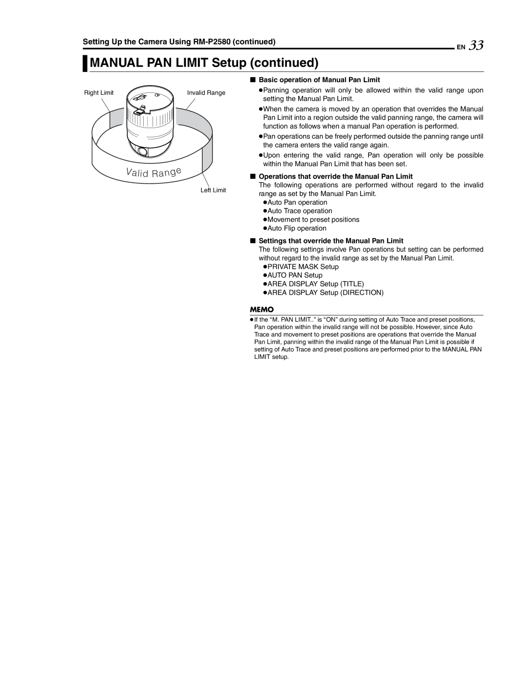 JVC LWT0254-001B-H manual Basic operation of Manual Pan Limit, Operations that override the Manual Pan Limit, Right Limit 