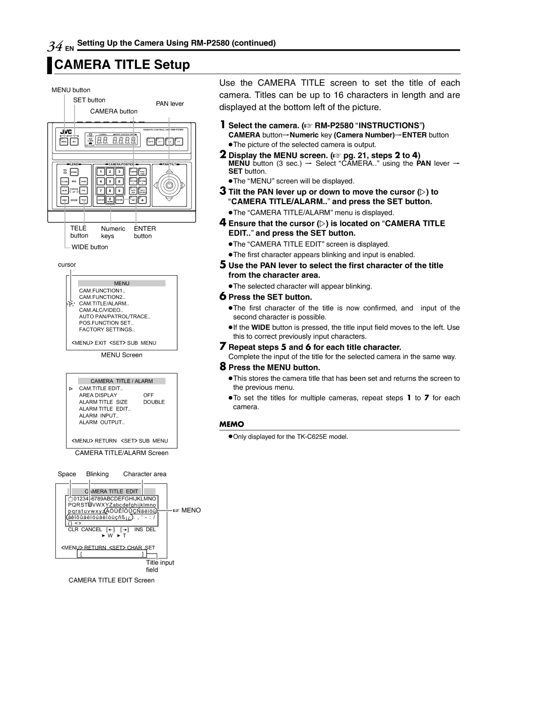 JVC LWT0254-001B-H manual Camera Title Setup, Tele Numeric Enter Button keys button Wide button, Menu Screen 