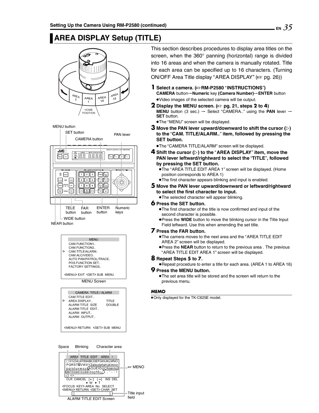 JVC LWT0254-001B-H manual Area Display Setup Title, Press the FAR button, Repeat Steps 5 to, Menu button 