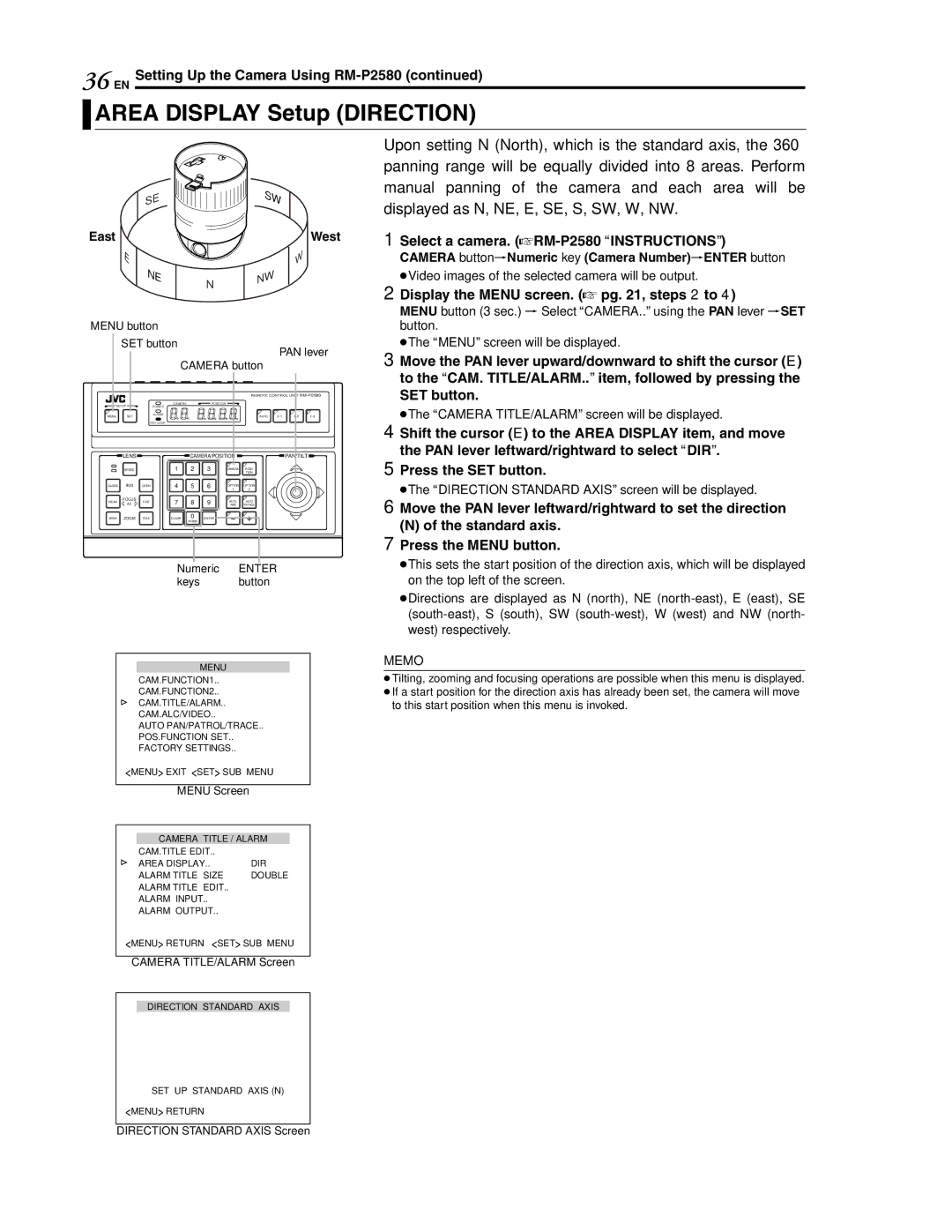 JVC LWT0254-001B-H manual Area Display Setup Direction, East, West, Camera button 