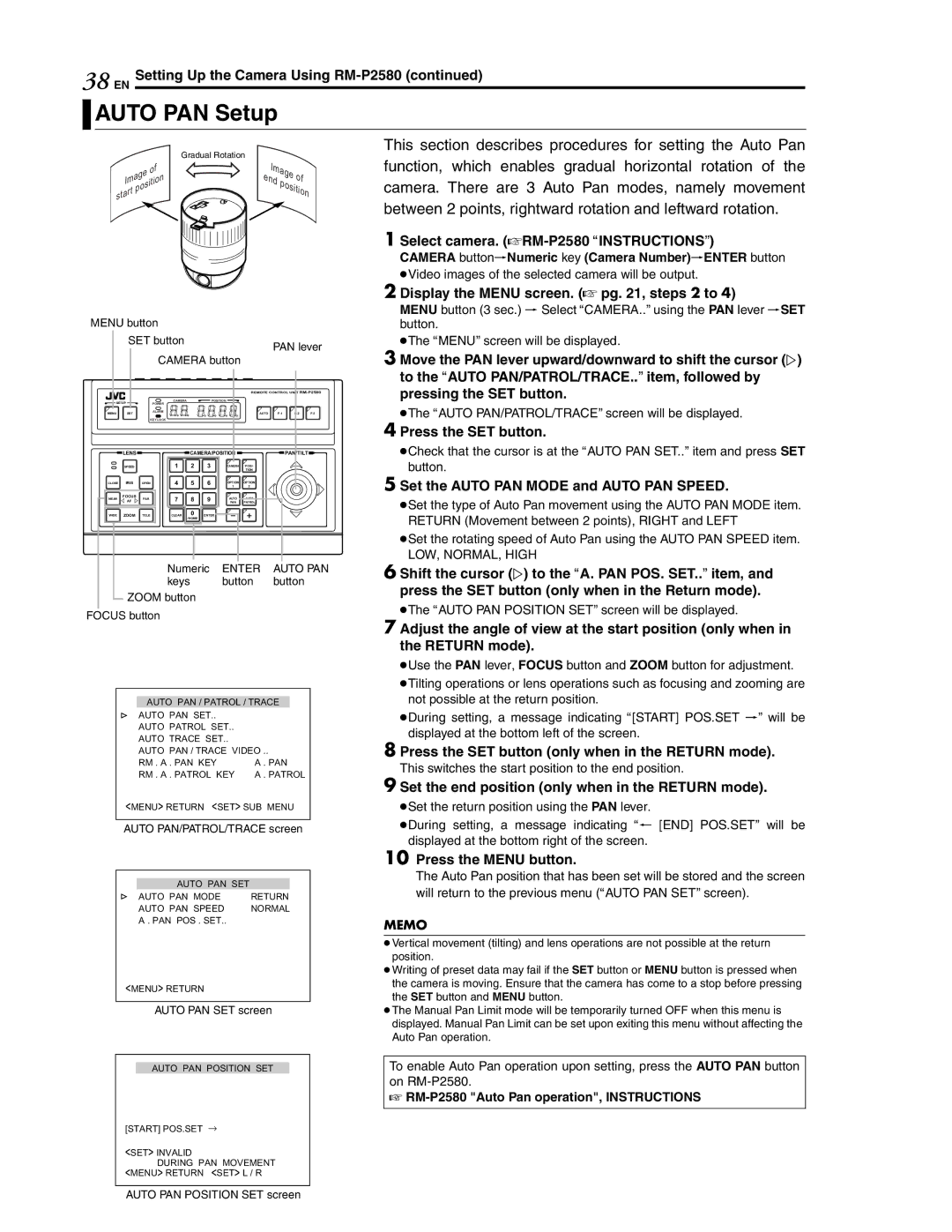 JVC LWT0254-001B-H manual Auto PAN Setup, Select camera. ARM-P2580 Ainstructionsb, Set the Auto PAN Mode and Auto PAN Speed 