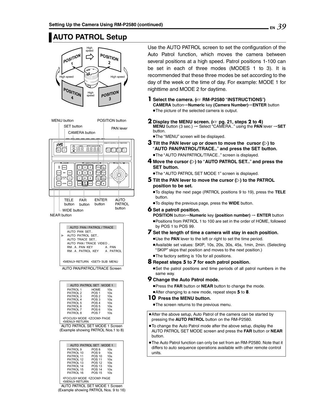 JVC LWT0254-001B-H Auto Patrol Setup, Set a patroll position, Set the length of time a camera will stay in each position 