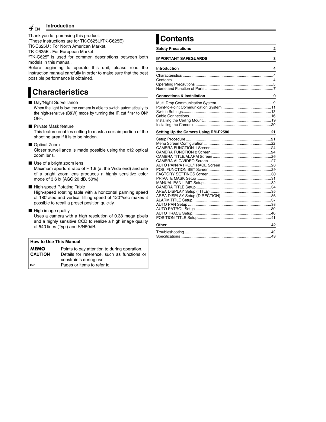 JVC LWT0254-001B-H manual Characteristics, Contents 