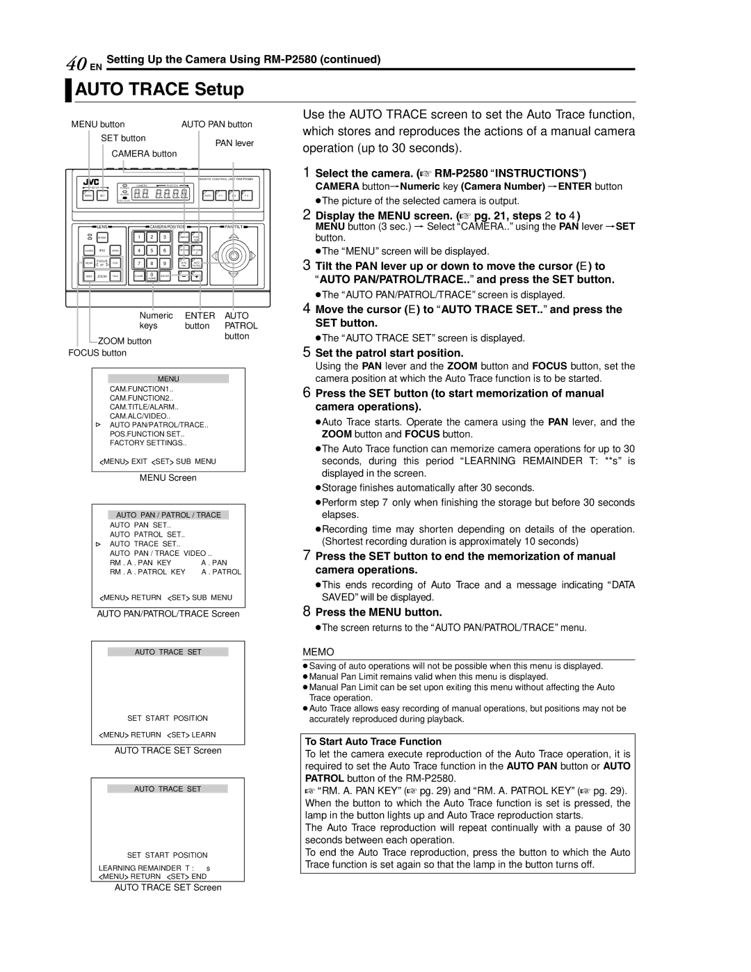 JVC LWT0254-001B-H Auto Trace Setup, Set the patrol start position, Camera buttonNNumeric key Camera Number Nenter button 