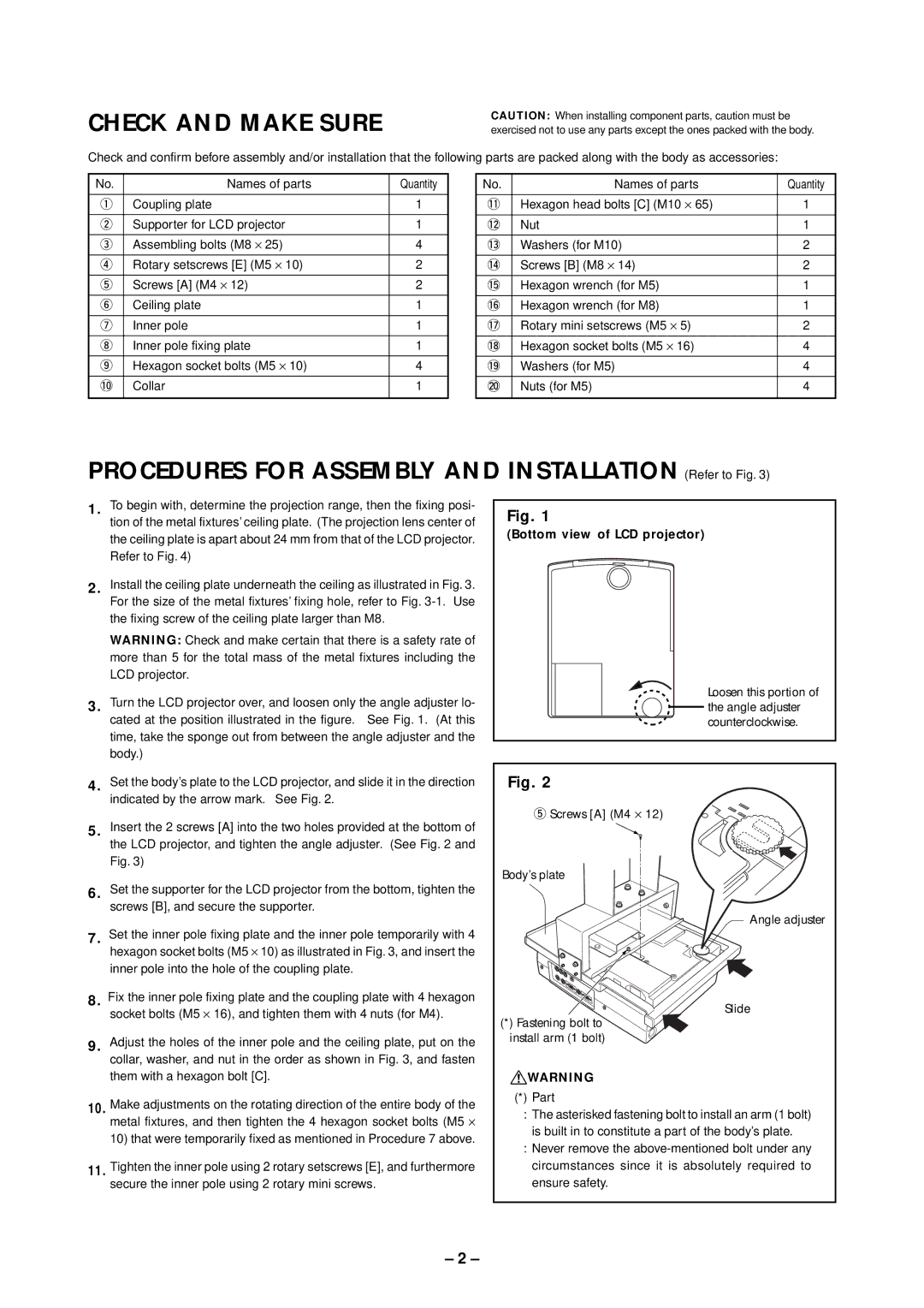 JVC LX-D1000 instruction manual Check and Make Sure, Procedures for Assembly and Installation Refer to Fig 