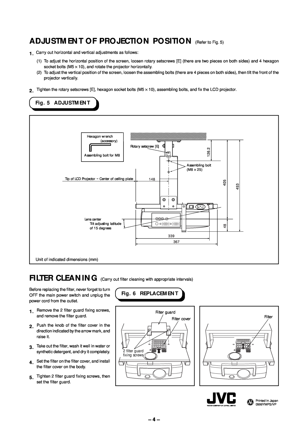 JVC LX-D1000 instruction manual ADJUSTMENT OF PROJECTION POSITION Refer to Fig, Adjustment, Replacement 