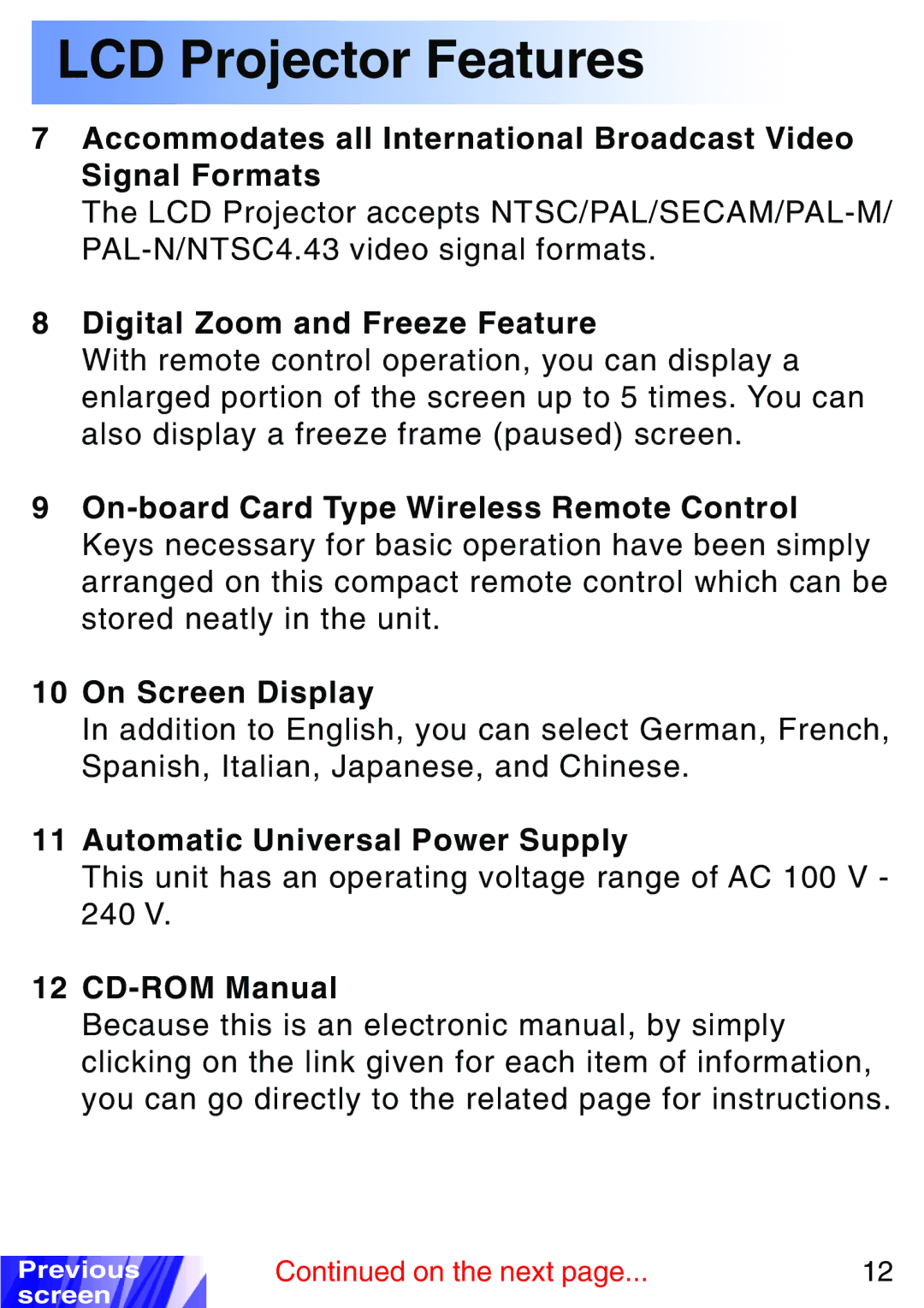 JVC LX-P1010ZE, LX-P1010ZU Digital Zoom and Freeze Feature, Automatic Universal Power Supply, CD-ROM Manual 