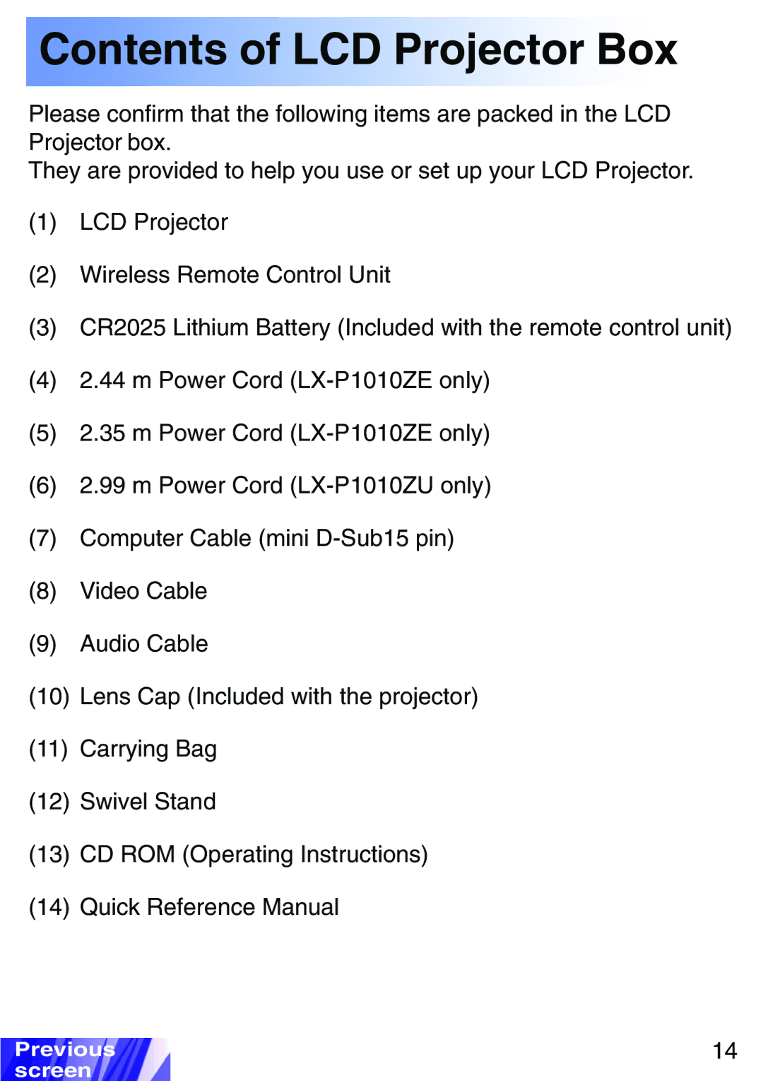 JVC LX-P1010ZE, LX-P1010ZU operating instructions Contents of LCD Projector Box 