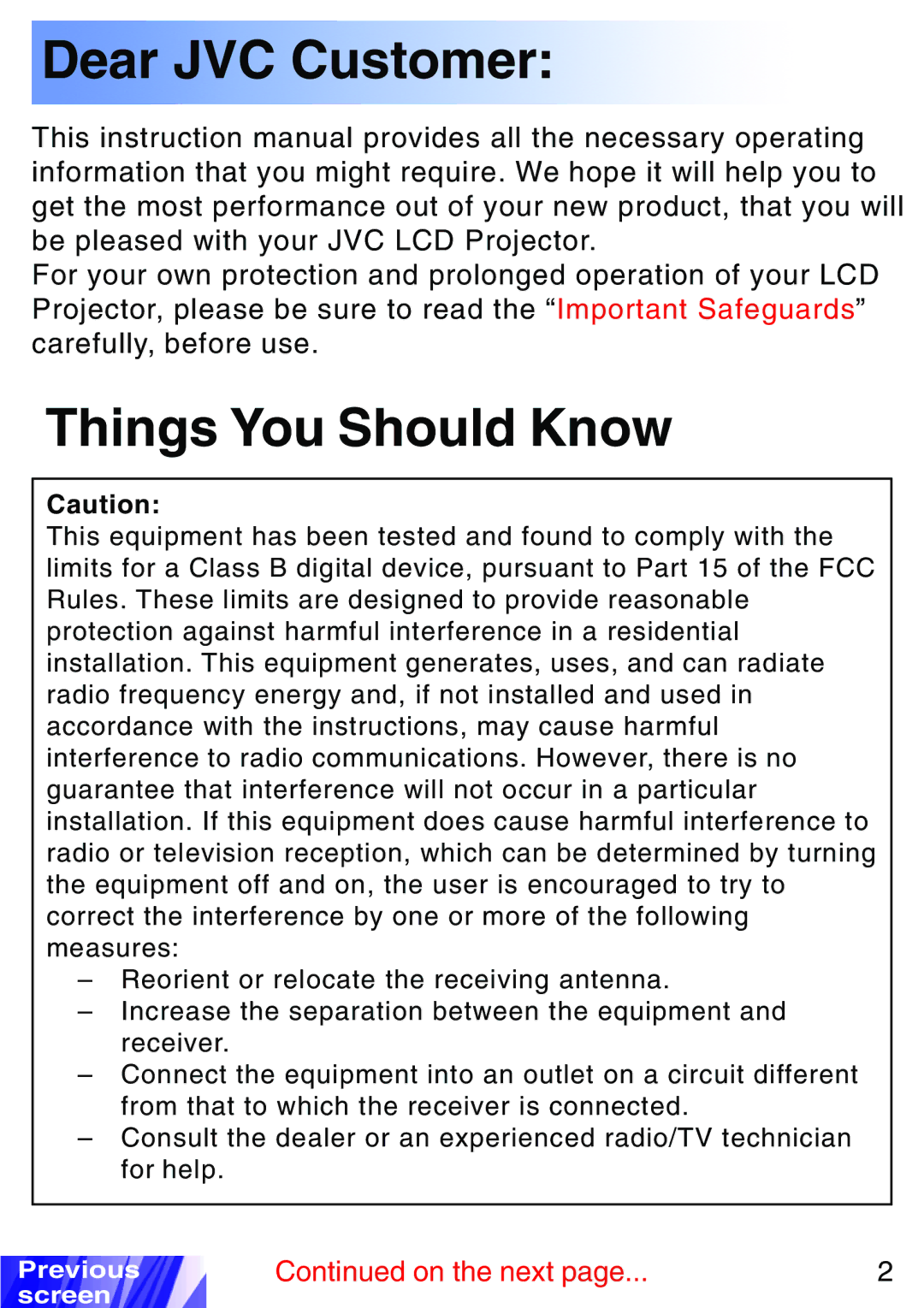 JVC LX-P1010ZE, LX-P1010ZU operating instructions Dear JVC Customer, Things You Should Know 