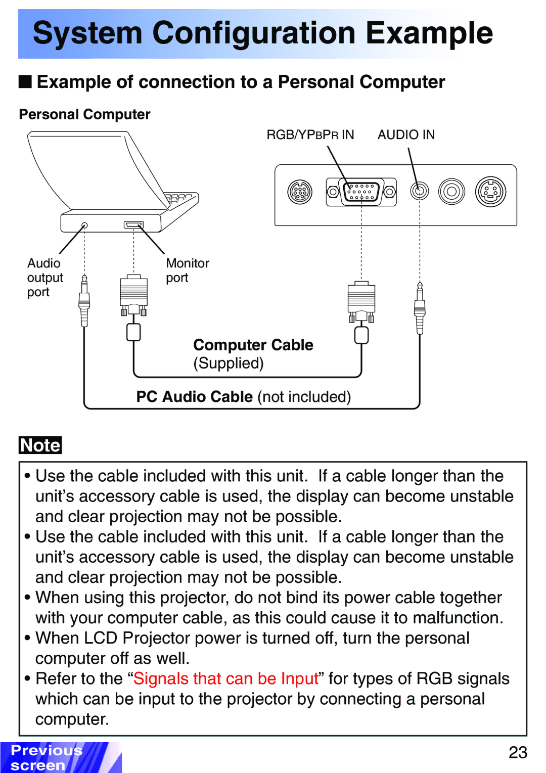 JVC LX-P1010ZU, LX-P1010ZE operating instructions Example of connection to a Personal Computer 