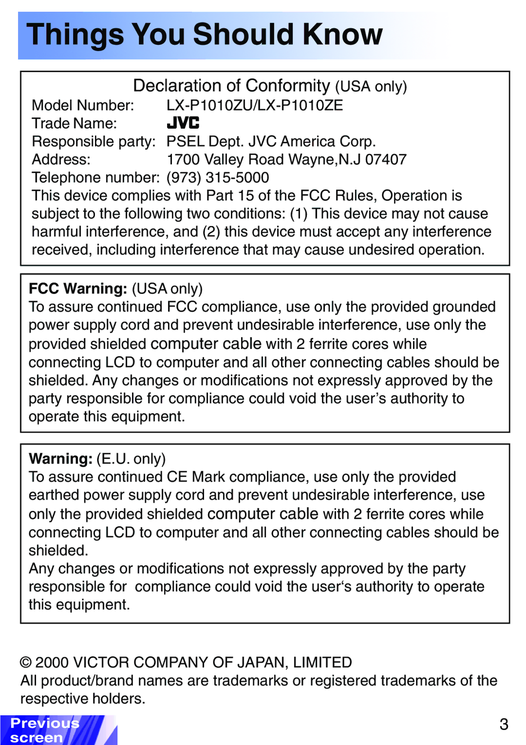 JVC LX-P1010ZU, LX-P1010ZE operating instructions Declaration of Conformity USA only 