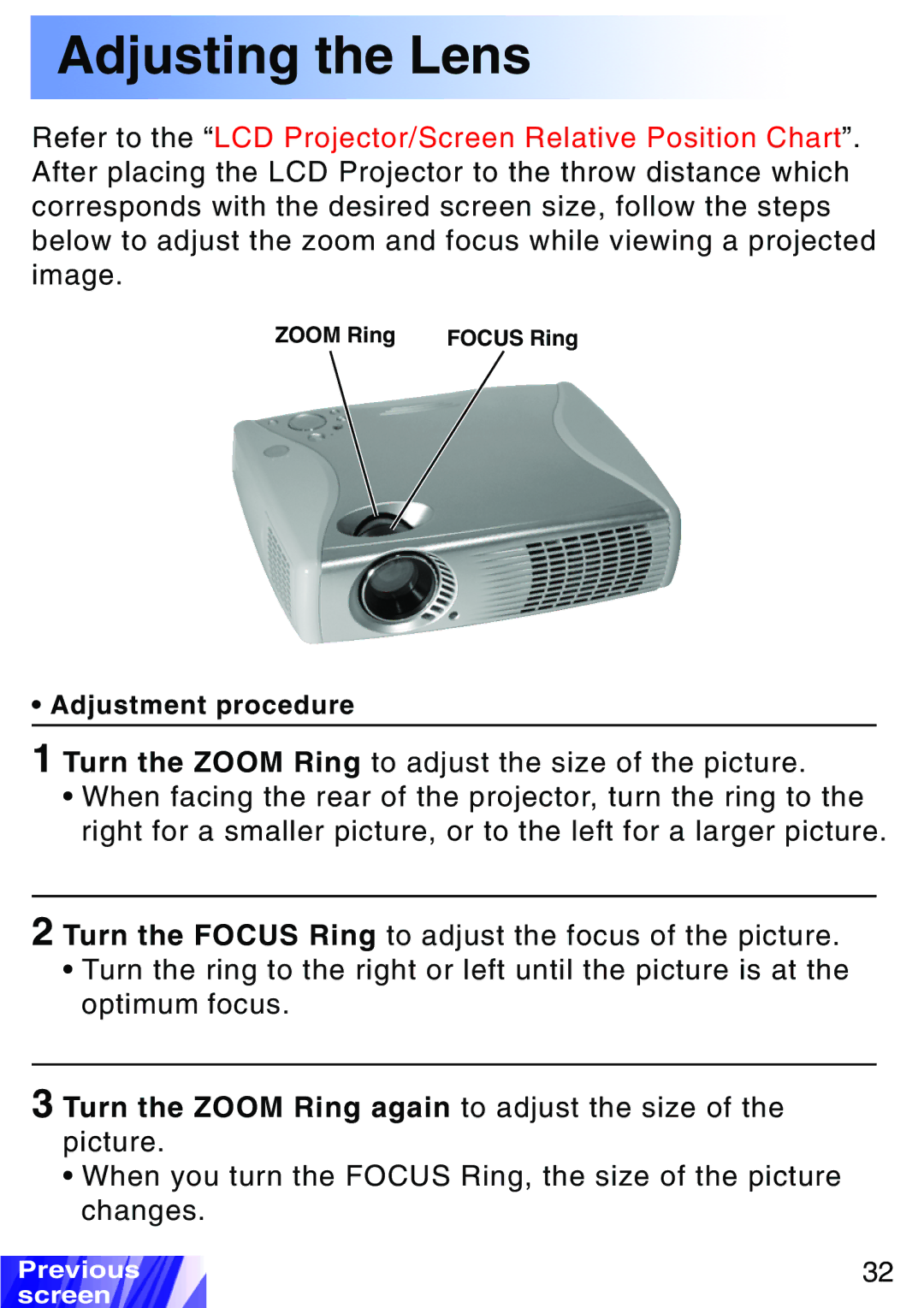 JVC LX-P1010ZE, LX-P1010ZU operating instructions Adjusting the Lens 