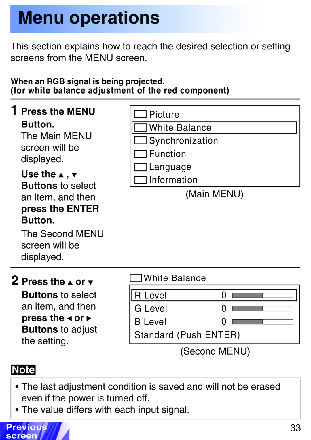 JVC LX-P1010ZU, LX-P1010ZE operating instructions Menu operations, Press the Menu Button, Press the or 